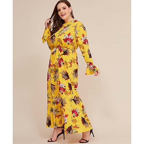 

Women's Sheath Dress Maxi long Dress - Long Sleeve Floral Spring Summer Casual Mumu 2020 Yellow XL XXL XXXL XXXXL