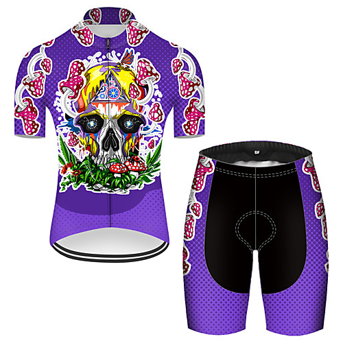 

21Grams Men's Short Sleeve Cycling Jersey with Shorts Nylon Polyester Violet Novelty Skull Floral Botanical Bike Clothing Suit Breathable 3D Pad Quick Dry Ultraviolet Resistant Reflective Strips