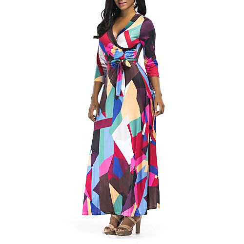 

Women's Swing Dress Maxi long Dress - 3/4 Length Sleeve Color Block Summer Casual 2020 Rainbow S M L XL