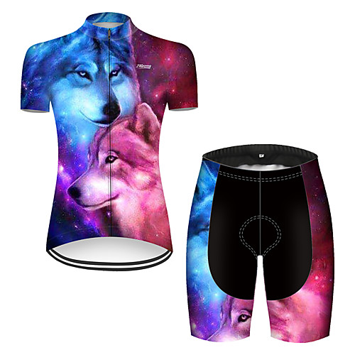 

21Grams Women's Short Sleeve Cycling Jersey with Shorts Nylon Polyester RedBlue Gradient Animal Wolf Bike Clothing Suit Breathable 3D Pad Quick Dry Ultraviolet Resistant Reflective Strips Sports