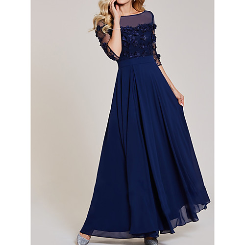 

A-Line Mother of the Bride Dress Elegant Illusion Neck Floor Length Chiffon Tulle Half Sleeve with Pleats Appliques Split Front 2020