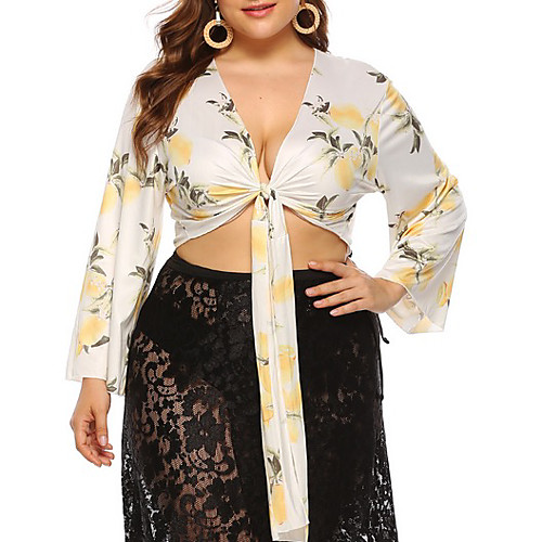 

Women's Tops Plus Size Floral Blouse V Neck Daily Beige XL 2XL 3XL 4XL