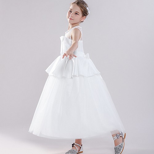 

Ball Gown Round Floor Length Tulle Junior Bridesmaid Dress with Bow(s) / Tier