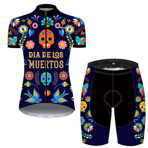 

21Grams Women's Short Sleeve Cycling Jersey with Shorts Nylon Polyester Black / Yellow Skull Floral Botanical Funny Bike Clothing Suit Breathable 3D Pad Quick Dry Ultraviolet Resistant Reflective
