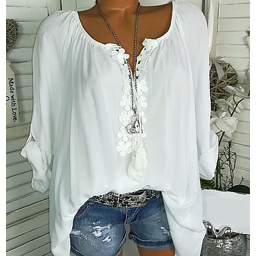 

Women's Plus Size Blouse Shirt Geometric Sexy Long Sleeve Ruffle Lace U Neck Tops Basic Top White Black Blue