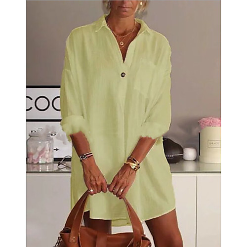 

Women's Shirt Dress Short Mini Dress - Long Sleeve Solid Color Summer Casual Chinoiserie 2020 White Black Blue Yellow Blushing Pink Green Gray S M L XL XXL XXXL XXXXL