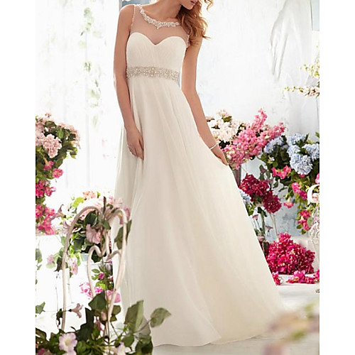 

A-Line Wedding Dresses Jewel Neck Sweep / Brush Train Chiffon Tulle Sleeveless Simple Beach See-Through Backless with Sashes / Ribbons Crystals 2021