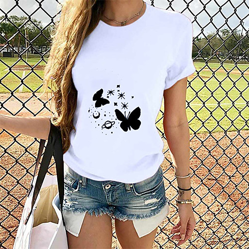 

Women's T-shirt Graphic Tops - Print Round Neck Loose Cotton Basic Daily Summer White S M L XL 2XL 3XL 4XL