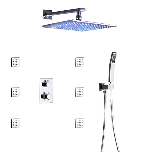 

Thermostatic Bathroom Shower Faucet Set / Wall Mounted Square LED Rain Shower Head / Hand Shower And Massage Body Jets Included / Brass / Contemporary