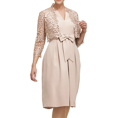 

Two Piece Sheath / Column Mother of the Bride Dress Elegant V Neck Knee Length Lace Satin 3/4 Length Sleeve with Bow(s) Pleats 2020