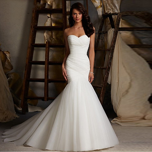 

Mermaid / Trumpet Wedding Dresses Strapless Chapel Train Tulle Sleeveless Formal Romantic Elegant with Ruched Side-Draped 2020