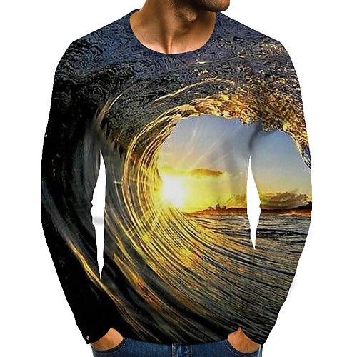 

Men's T shirt Graphic Scenery Plus Size Print Long Sleeve Daily Tops Streetwear Exaggerated Blue Purple Orange