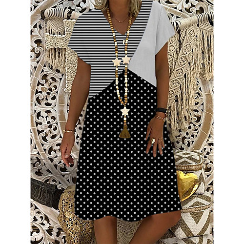 

Women's A-Line Dress Knee Length Dress - Short Sleeves Polka Dot Stripes Print Summer V Neck Casual Boho Daily Vacation 2020 Black M L XL XXL XXXL