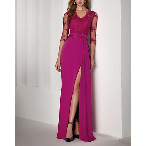 

Sheath / Column Elegant Floral Engagement Formal Evening Dress V Neck 3/4 Length Sleeve Floor Length Chiffon Lace with Split Embroidery 2020