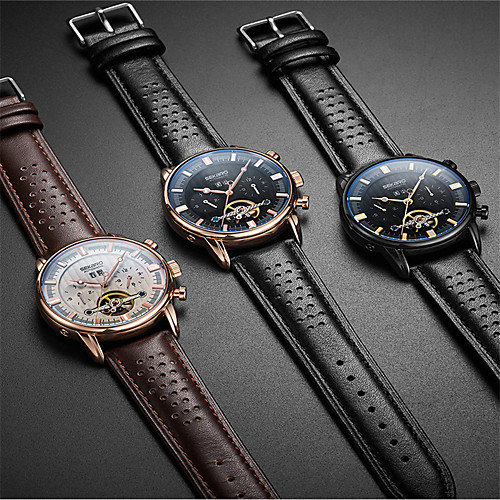 

Men's Mechanical Watch Automatic self-winding Genuine Leather Water Resistant / Waterproof Calendar / date / day Day Date Analog Fashion Cool - BlackGloden Black Brown