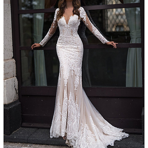 

Mermaid / Trumpet Wedding Dresses Jewel Neck Sweep / Brush Train Lace Tulle Long Sleeve Country Sexy with Embroidery 2020