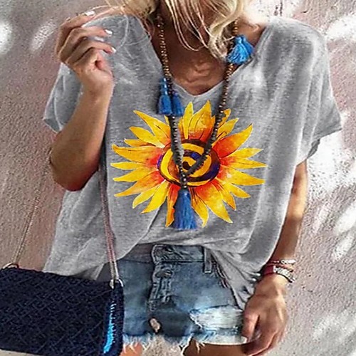 

Women's T-shirt Floral Tops V Neck Daily Summer Blue Blushing Pink Khaki S M L XL 2XL 3XL 4XL 5XL