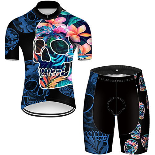 

21Grams Men's Short Sleeve Cycling Jersey with Shorts Nylon Polyester Black / Blue 3D Skull Floral Botanical Bike Clothing Suit Breathable 3D Pad Quick Dry Ultraviolet Resistant Reflective Strips