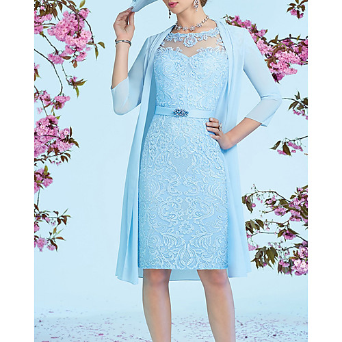 

Two Piece Sheath / Column Mother of the Bride Dress Elegant Illusion Neck Knee Length Lace 3/4 Length Sleeve with Sash / Ribbon Embroidery 2020