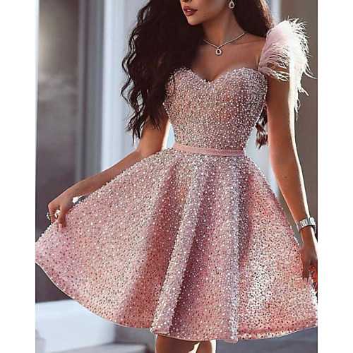 

A-Line Glittering Luxurious Homecoming Cocktail Party Dress Sweetheart Neckline Sleeveless Short / Mini Satin with Beading 2020