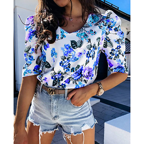 

Women's T-shirt Graphic Tops V Neck Daily Summer Blue Blushing Pink S M L XL 2XL
