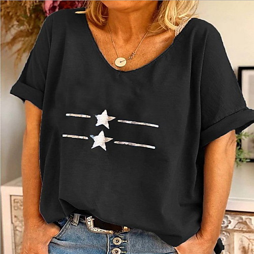 

Women's T shirt Geometric V Neck Tops Basic Top Black Blue Yellow