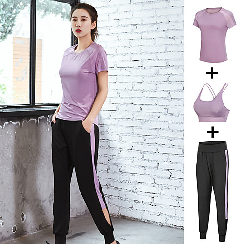 

Women's 3pcs Tracksuit Patchwork Wirefree Fashion Black Purple Dark Purple Mesh Yoga Running Fitness Sports Bra Tee / T-shirt Pants / Trousers Sport Activewear Breathable Reflective Logo Quick Dry