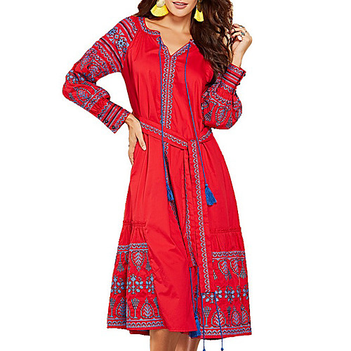 

Women's Swing Dress Midi Dress Red Long Sleeve Floral Spring Summer V Neck Casual 2021 S M L XL XXL