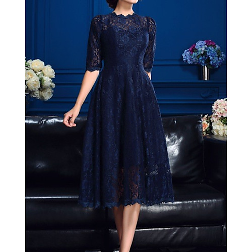 

A-Line Mother of the Bride Dress Elegant Jewel Neck Tea Length Lace Half Sleeve with Embroidery 2020