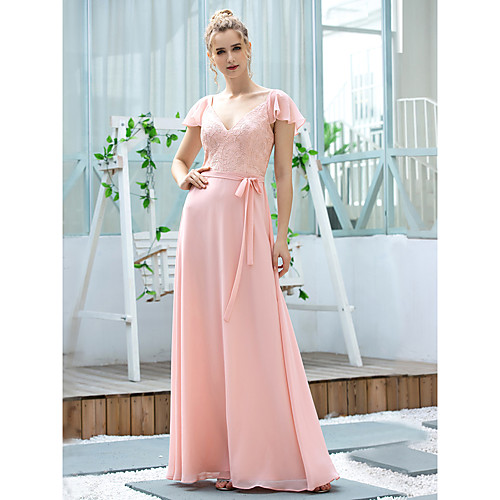 

A-Line V Neck Floor Length Chiffon Bridesmaid Dress with Appliques