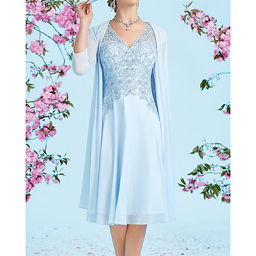 

Two Piece A-Line Mother of the Bride Dress Elegant V Neck Knee Length Chiffon Lace 3/4 Length Sleeve with Embroidery 2020
