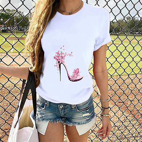 

Women's T-shirt Graphic Tops - Print Round Neck Loose Cotton Basic Daily Summer White S M L XL 2XL 3XL 4XL