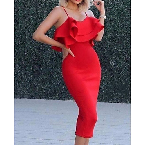 

Sheath / Column Minimalist Sexy Homecoming Cocktail Party Dress Spaghetti Strap Sleeveless Tea Length Spandex with Ruffles 2020