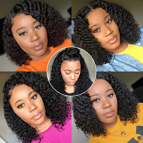 

Remy Human Hair 4x4 Closure Wig Bob Asymmetrical Deep Parting style Brazilian Hair Deep Curly Natural Wig 150% Density with Baby Hair Natural Hairline African American Wig For Black Women With