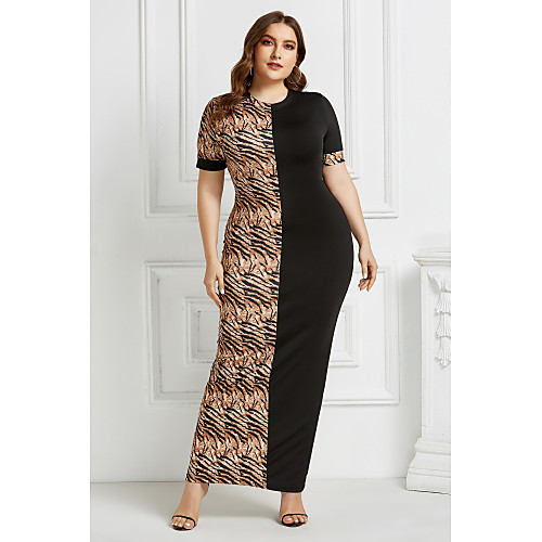 

Women's Sheath Dress Maxi long Dress - Short Sleeves Leopard Animal Patchwork Print Summer Elegant Daily Weekend 2020 Light Brown Black Camel Brown S M L XL XXL XXXL XXXXL XXXXXL