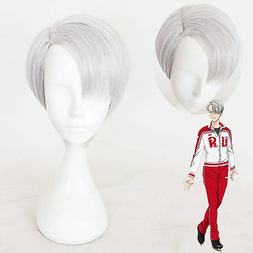 

Cosplay Wig Victor Nikiforov Yuri on Ice Straight Cosplay Asymmetrical Wig Short Silver grey Synthetic Hair 12 inch Men's Anime Cosplay Cool Silver