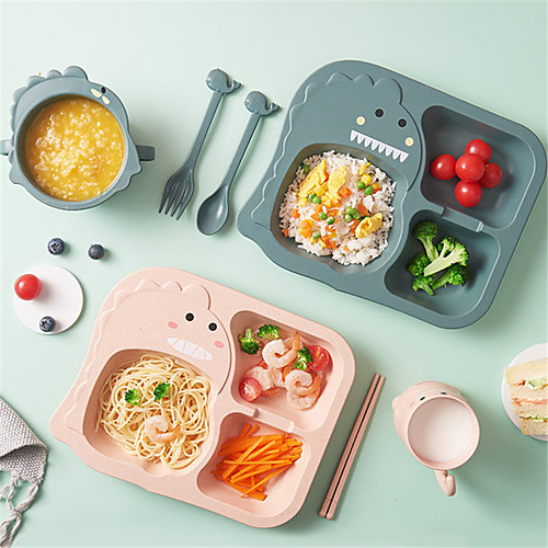 

Tableware 6 Piece Set Children's Dinner Plate Grid Home Creative Cartoon Environmentally Friendly Feeding Dishes Baby Dinosaur