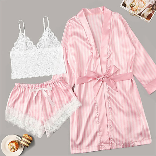 

Women's Mesh Lace Bow Robes Satin & Silk Suits Nightwear Striped Embroidered Blushing Pink S M L / Strap