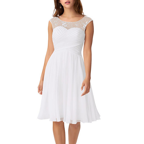 

A-Line Illusion Neck Knee Length Chiffon / Lace Bridesmaid Dress with Ruching
