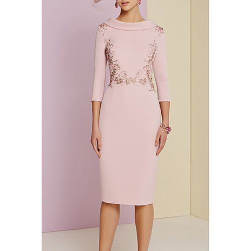 

Sheath / Column Mother of the Bride Dress Plus Size Bateau Neck Knee Length Satin Long Sleeve with Embroidery 2021