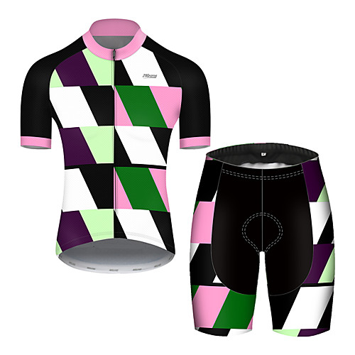 

21Grams Men's Short Sleeve Cycling Jersey with Shorts Nylon Polyester Black / White Plaid Checkered Patchwork Bike Clothing Suit Breathable 3D Pad Quick Dry Ultraviolet Resistant Reflective Strips