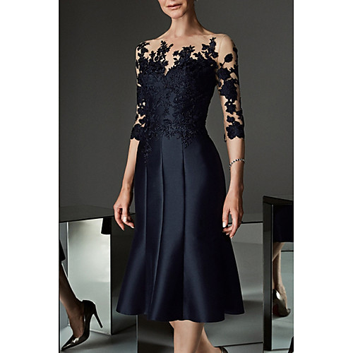 

A-Line Mother of the Bride Dress See Through Bateau Neck Knee Length Lace Satin 3/4 Length Sleeve with Buttons Appliques 2020
