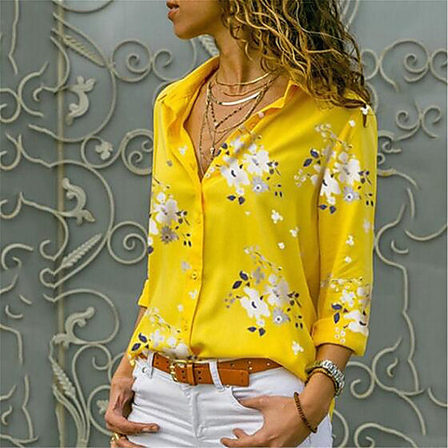 

Women's Floral Print Shirt Casual Basic Shirt Collar Leopard / White / Yellow / Light Blue