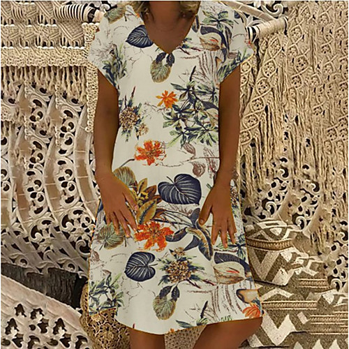 

Women's A-Line Dress Knee Length Dress - Short Sleeves Floral Print Patchwork Summer Vintage Chinoiserie Daily Capped Linen Yellow S M L XL XXL