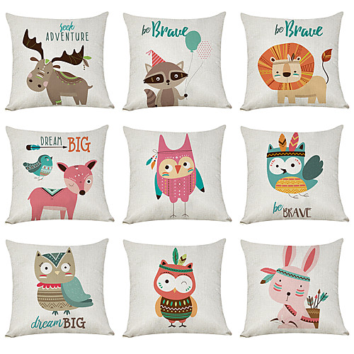 

9 pcs Linen Pillow Cover, Cartoon Animals Casual Modern Square Traditional Classic