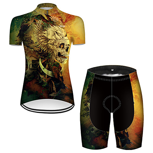 

21Grams Women's Short Sleeve Cycling Jersey with Shorts Nylon Polyester Black / Yellow 3D Novelty Skull Bike Clothing Suit Breathable 3D Pad Quick Dry Ultraviolet Resistant Reflective Strips Sports 3D