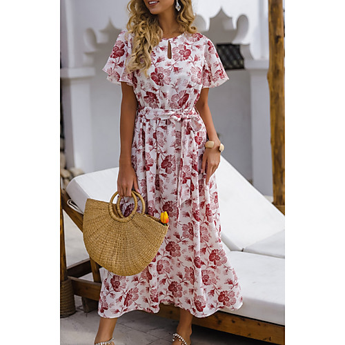 

Women's A-Line Dress Midi Dress - Short Sleeves Floral Summer Casual 2020 White S M L XL