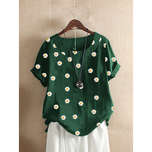 

Women's Blouse Floral Daisy Tops - Print Round Neck Loose Cotton Basic Daily Summer Wine Black Orange Green Navy Blue M L XL 2XL 3XL 4XL 5XL