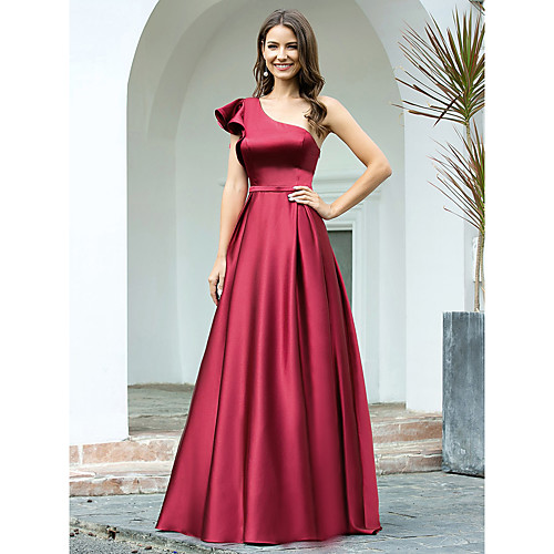 

A-Line Elegant Vintage Engagement Formal Evening Dress One Shoulder Sleeveless Floor Length Satin with Sleek 2021