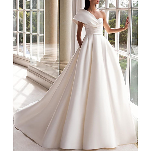 

A-Line Wedding Dresses One Shoulder Sweep / Brush Train Satin Short Sleeve Simple with Ruched 2021